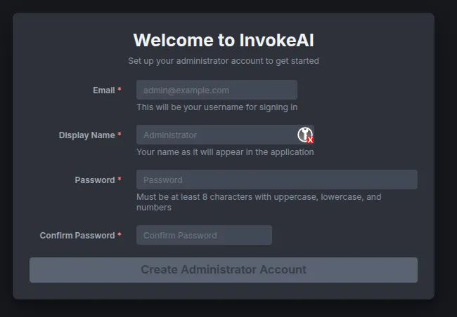 Administrator Setup Screen
