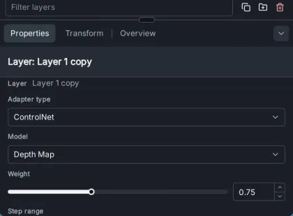 A control layer's settings in the Layer section of Properties: Adapter type ControlNet, Model Depth Map, and Weight 0.75.