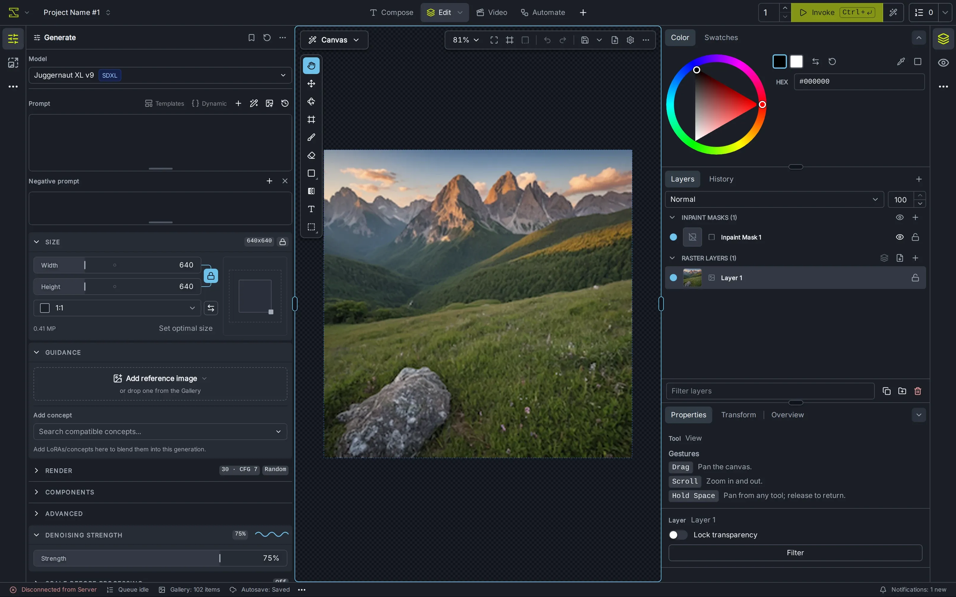 The Edit layout: the Generate panel on the left, the Canvas with a mountain landscape in the center, and the Layers panel with its color picker, layer list and Properties on the right.