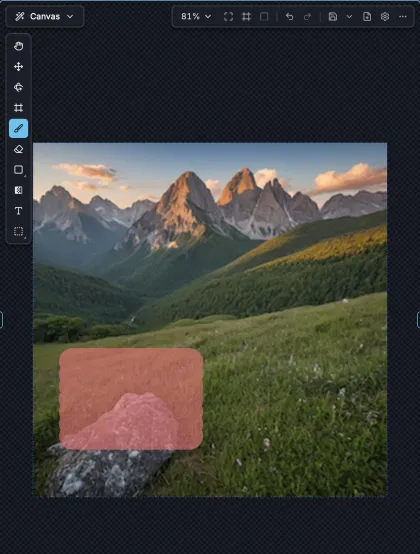 An inpaint mask, shown as a red overlay, painted over a rock in a mountain landscape.