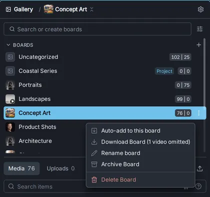 The board menu with Auto-add to this board, Download Board, Rename board, Archive Board and Delete Board.