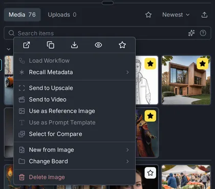 The context menu for an image, with quick-action icons at the top followed by Load Workflow, Recall Metadata, Add to Current Canvas, New Project from Image, Send to Upscale, Send to Video, Use as Reference Image, Use as Prompt Template, Select for Compare, Find in Gallery, Change Board and Delete Image.