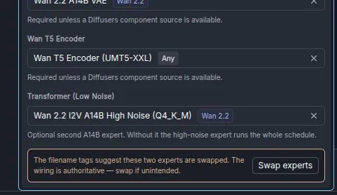 The Model Components section with a high-noise expert in the Transformer (Low Noise) slot, and the advisory "The filename tags suggest these two experts are swapped" with a Swap experts button.
