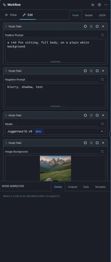 The Workflow panel in Edit mode, with the Form tab listing the pinned settings as cards and the Node Inspector below.