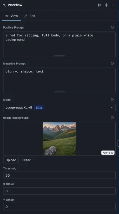 The finished form in View mode: Positive Prompt, Negative Prompt, Model, the Image Background with a mountain landscape, Threshold, X Offset and Y Offset.